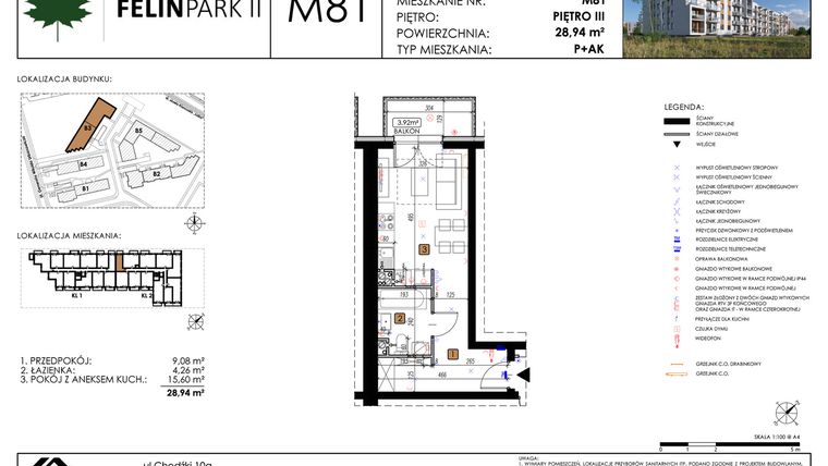 Rzut - Mieszkanie na sprzedaż 1 pokój o powierzchni 28,94 m² - numer M81 w Felin Park II etap 2