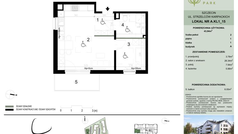 Rzut - Mieszkanie na sprzedaż 2 pokoje o powierzchni 43,94 m² - numer A.1.15 w Bukovo Park