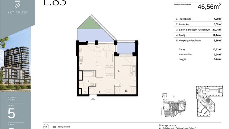 Rzut - Mieszkanie na sprzedaż 2 pokoje o powierzchni 46,56 m² - numer L83 w Sky Trust etap II - apartamenty inwestycyjne 23% VAT PRS