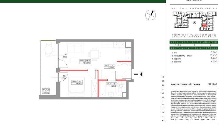 Rzut - Mieszkanie na sprzedaż 2 pokoje o powierzchni 36,13 m² - numer C094 w Grunwald Między Drzewami etap III