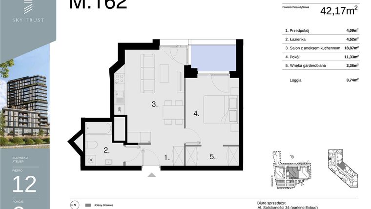Rzut - Mieszkanie na sprzedaż 2 pokoje o powierzchni 42,17 m² - numer M162 w Sky Trust etap II