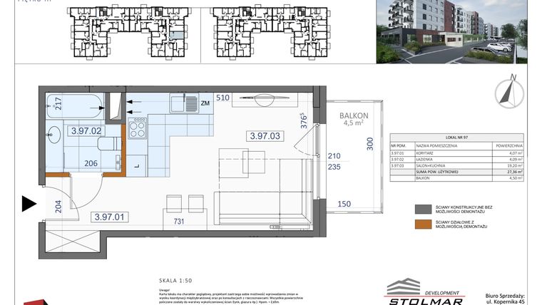 Rzut - Mieszkanie na sprzedaż 1 pokój o powierzchni 27,36 m² - numer 97 w Osiedle Zycha