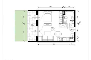 Rzut - Mieszkanie na sprzedaż 1 pokój o powierzchni 34,67 m² - numer B.0.18.1a w ATRIUM