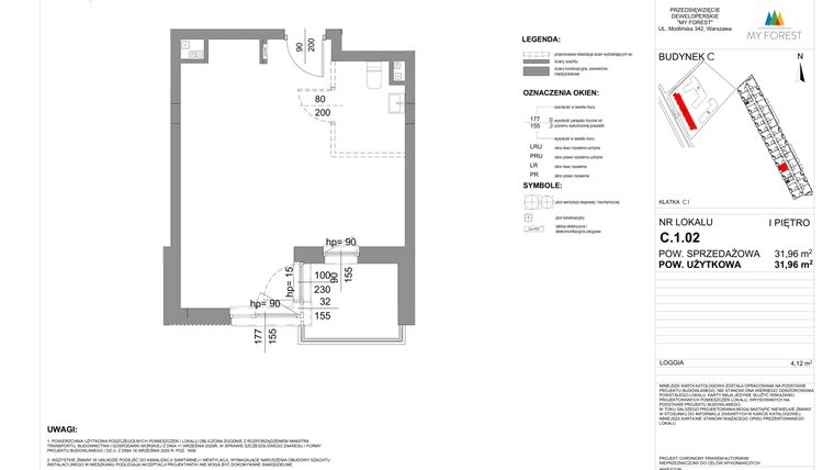 Rzut - Mieszkanie na sprzedaż 1 pokój o powierzchni 31,96 m² - numer C.1.02 w My Forest - Apartamenty inwestycyjne