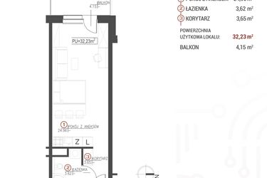 Rzut - Mieszkanie na sprzedaż 1 pokój o powierzchni 32,23 m² - numer 104 w Wróblewskiego 1