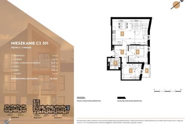 Rzut - Mieszkanie na sprzedaż 3 pokoje o powierzchni 56,92 m² - numer C3.301 w MOTTO Wojnów