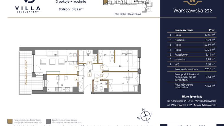 Rzut - Mieszkanie na sprzedaż 3 pokoje o powierzchni 67,1 m² - numer 61A w Warszawska 222