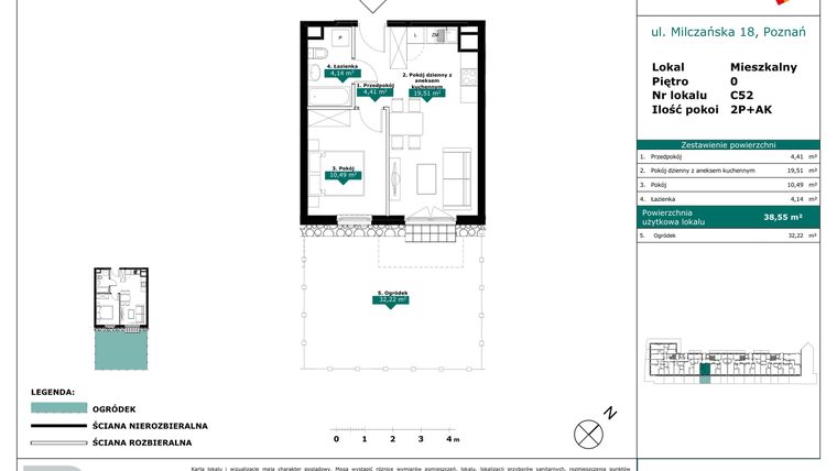 Rzut - Mieszkanie na sprzedaż 2 pokoje o powierzchni 38,55 m² - numer C52 w Milczańska 18