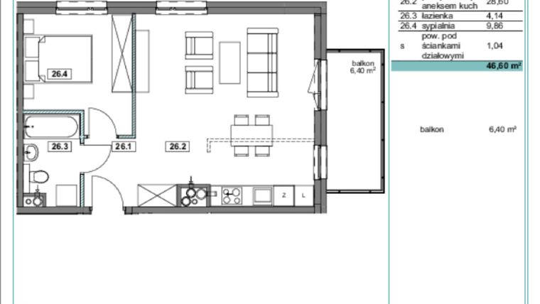 Rzut - Mieszkanie na sprzedaż 2 pokoje o powierzchni 46,62 m² - numer F.26 w Osiedle Kościuszki