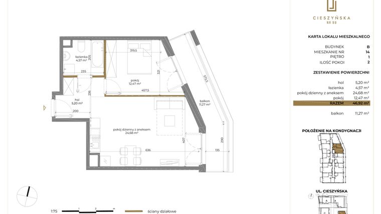 Rzut - Mieszkanie na sprzedaż 2 pokoje o powierzchni 46,89 m² - numer B-14 w Cieszyńska 9 budynek B i C