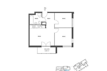 Rzut - Mieszkanie na sprzedaż 3 pokoje o powierzchni 50,41 m² - numer 34 w Wzgórze Krzemionki II
