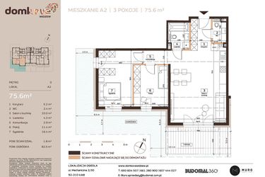 Rzut - Mieszkanie na sprzedaż 3 pokoje o powierzchni 75,6 m² - numer A2 w Domkove Widzew