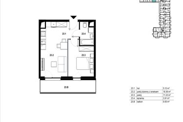 Rzut - Mieszkanie na sprzedaż 2 pokoje o powierzchni 36,62 m² - numer C3.23 w Osiedle Mozaika