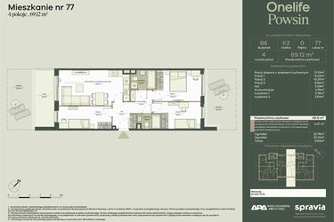 Rzut - Mieszkanie na sprzedaż 4 pokoje o powierzchni 69,12 m² - numer B6/77 w Onelife Powsin