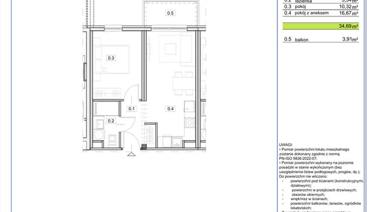 Rzut - Mieszkanie na sprzedaż 2 pokoje o powierzchni 34,69 m² - numer B.25 w EcoBerensona II