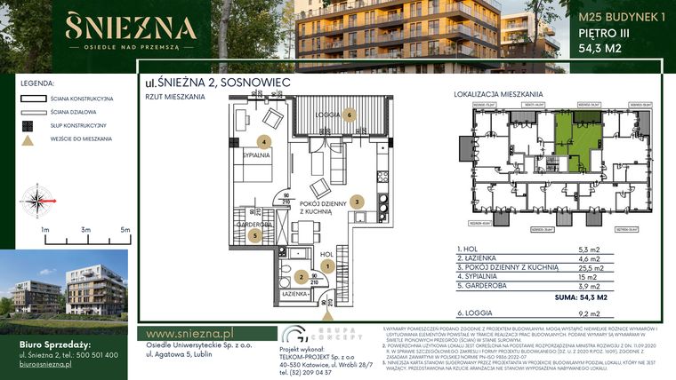 Rzut - Mieszkanie na sprzedaż 2 pokoje o powierzchni 54,3 m² - numer A25 w Śnieżna - Osiedle nad Przemszą