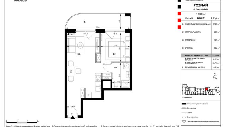Rzut - Mieszkanie na sprzedaż 1 pokój o powierzchni 37,73 m² - numer B.B.2.7 w Zajezdnia