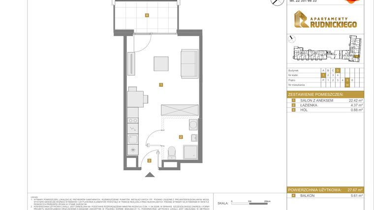 Rzut - Mieszkanie na sprzedaż 1 pokój o powierzchni 27,67 m² - numer D.55 w Apartamenty Rudnickiego