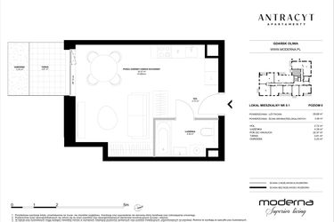 Rzut - Mieszkanie na sprzedaż 1 pokój o powierzchni 29,68 m² - numer 1 w Antracyt