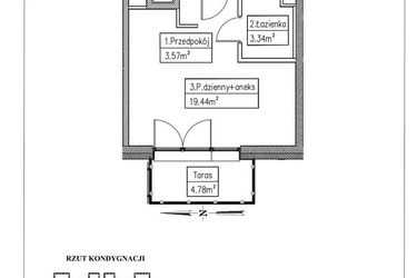 Rzut - Mieszkanie na sprzedaż 1 pokój o powierzchni 26,35 m² - numer 16 w Działkowa 68