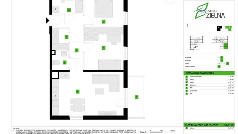 Rzut - Mieszkanie na sprzedaż 3 pokoje o powierzchni 63,71 m² - numer B25 w Osiedle Zielna IV faza 2