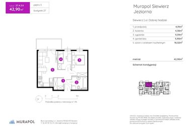 Rzut - Mieszkanie na sprzedaż 2 pokoje o powierzchni 42,9 m² - numer 27.A.3.8 w Murapol Siewierz Jeziorna bud. 27 i 28