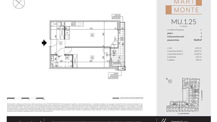 Rzut - Mieszkanie na sprzedaż 2 pokoje o powierzchni 52,23 m² - numer MU.1.25 w Marimonte - apartamenty inwestycyjne