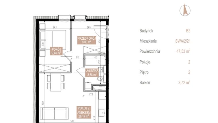 Rzut - Mieszkanie na sprzedaż 2 pokoje o powierzchni 46,48 m² - numer SWA/2/21/A w Apartamenty Świeradowska