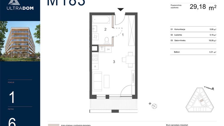 Rzut - Mieszkanie na sprzedaż 1 pokój o powierzchni 29,18 m² - numer M183 w Ultradom