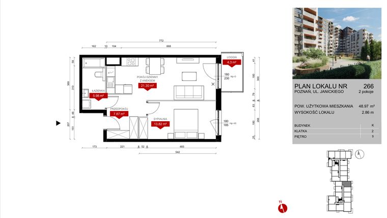 Rzut - Mieszkanie na sprzedaż 2 pokoje o powierzchni 48,97 m² - numer K.266 w Wieża Jeżyce etap V