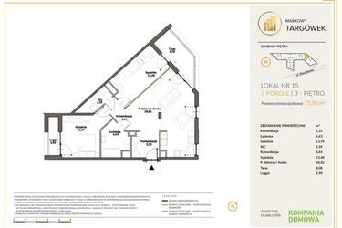 Rzut - Mieszkanie na sprzedaż 3 pokoje o powierzchni 75,31 m² - numer 15 w Markowy Targówek