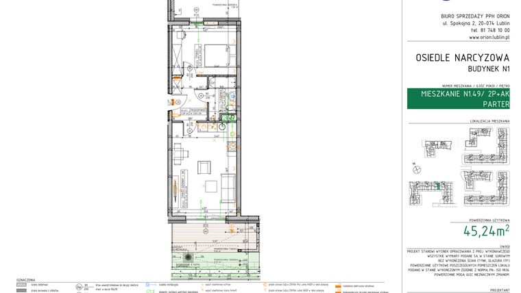 Rzut - Mieszkanie na sprzedaż 2 pokoje o powierzchni 45,24 m² - numer N1.49 w Osiedle Narcyzowe etap 2