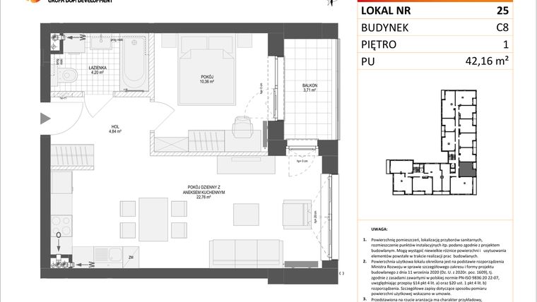 Rzut - Mieszkanie na sprzedaż 2 pokoje o powierzchni 42,16 m² - numer C8.25 w Konstelacja etap IV