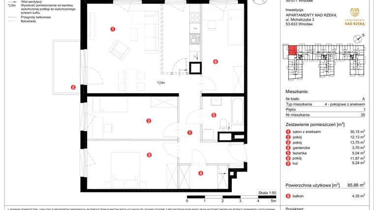 Rzut - Mieszkanie na sprzedaż 4 pokoje o powierzchni 85,88 m² - numer 35 w Apartamenty nad Rzeką