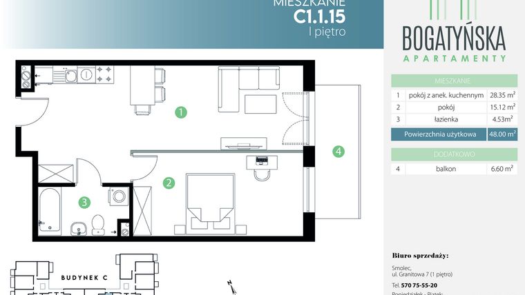 Rzut - Mieszkanie na sprzedaż 2 pokoje o powierzchni 48 m² - numer C1.1.15 w Bogatyńska Apartamenty etap 3