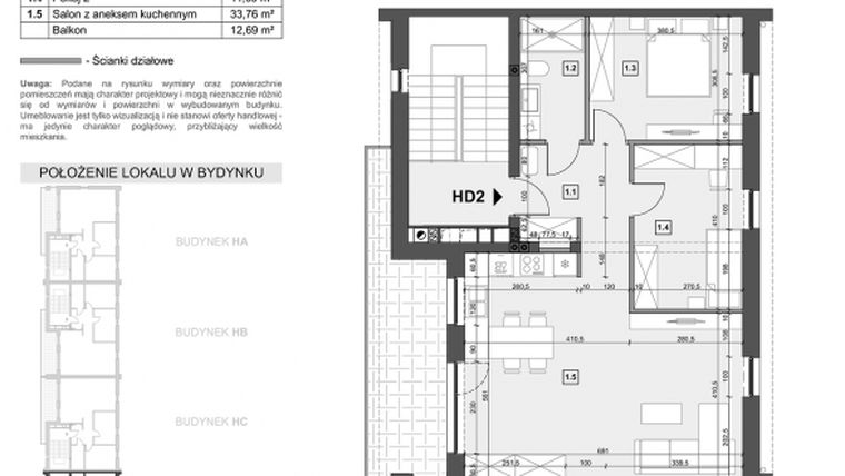 Rzut - Mieszkanie na sprzedaż 3 pokoje o powierzchni 69,15 m² - numer HD2 w Wzgórze Zelwerowicza