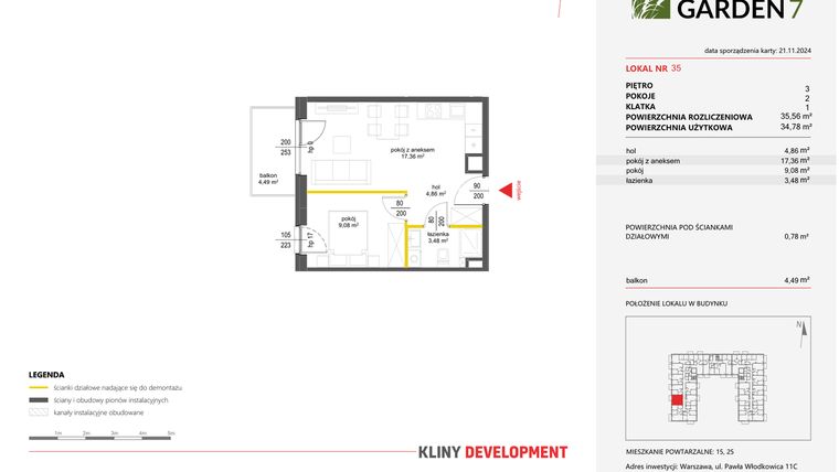 Rzut - Mieszkanie na sprzedaż 2 pokoje o powierzchni 35,56 m² - numer 35 w Nova Viva Garden 7