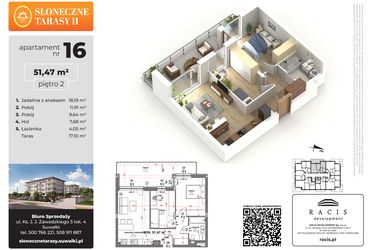 Rzut - Mieszkanie na sprzedaż 3 pokoje o powierzchni 51,47 m² - numer 16 w Słoneczne Tarasy II