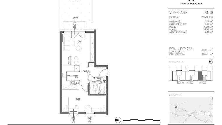 Rzut - Mieszkanie na sprzedaż 2 pokoje o powierzchni 52,54 m² - numer B1.19 w Tarasy Wierzycy