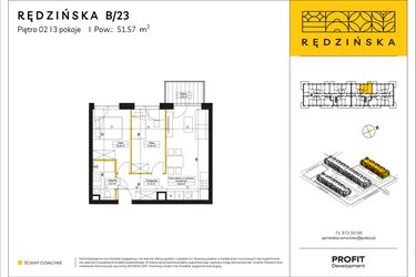 Rzut - Mieszkanie na sprzedaż 3 pokoje o powierzchni 51,57 m² - numer RD4A/B/23 w Rędzińska 4