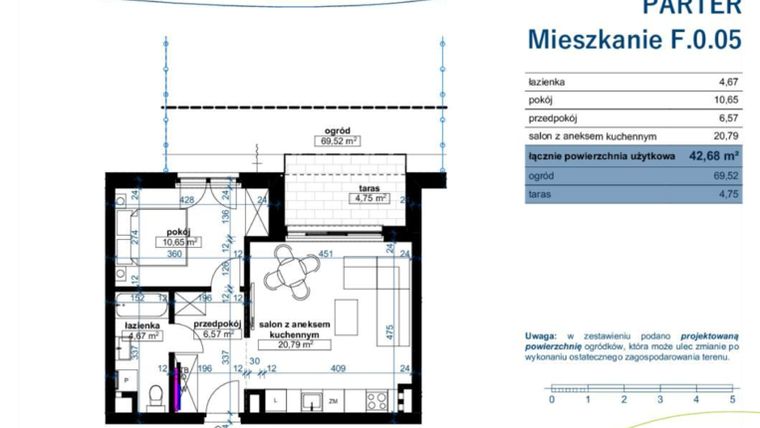 Rzut - Mieszkanie na sprzedaż 2 pokoje o powierzchni 42,68 m² - numer F.0.05 w Wzgórze Poetów 2