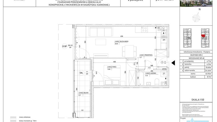 Rzut - Mieszkanie na sprzedaż 2 pokoje o powierzchni 43,92 m² - numer M-48 w Apartamenty Konopnickiej