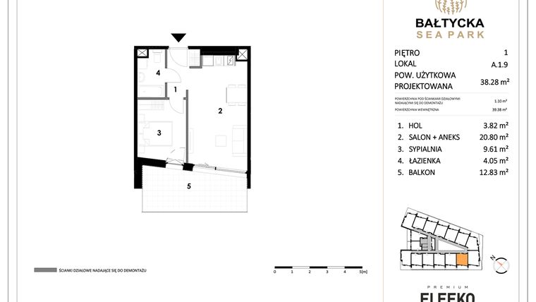 Rzut - Mieszkanie na sprzedaż 2 pokoje o powierzchni 38,28 m² - numer A.1.9 w Bałtycka Sea Park
