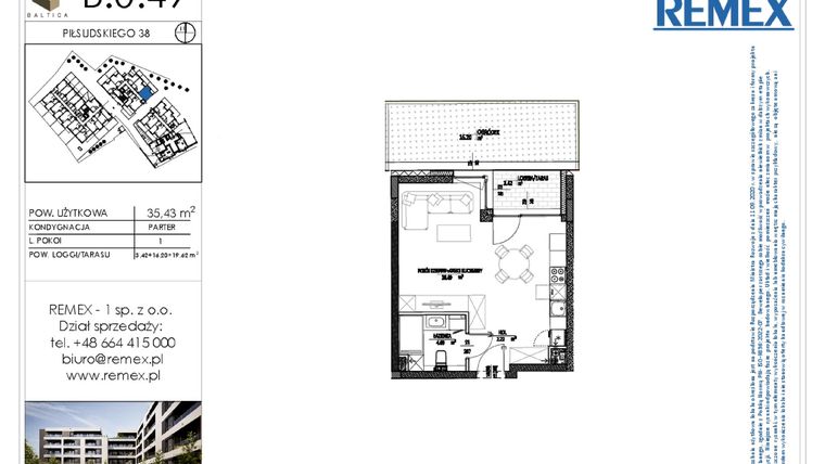 Rzut - Mieszkanie na sprzedaż 1 pokój o powierzchni 35,43 m² - numer B.0.49 w Osiedle BALTICA