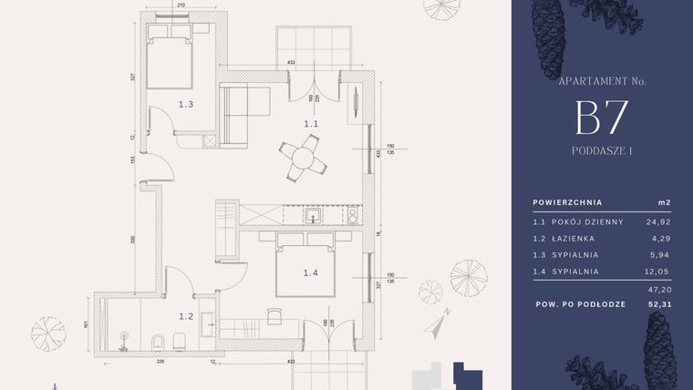 Rzut - Mieszkanie na sprzedaż 4 pokoje o powierzchni 48,46 m² - numer B7 w Rysulówka 70