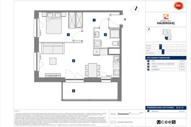 Rzut - Mieszkanie na sprzedaż 2 pokoje o powierzchni 43,27 m² - numer B.7 w Osiedle przy Malborskiej II
