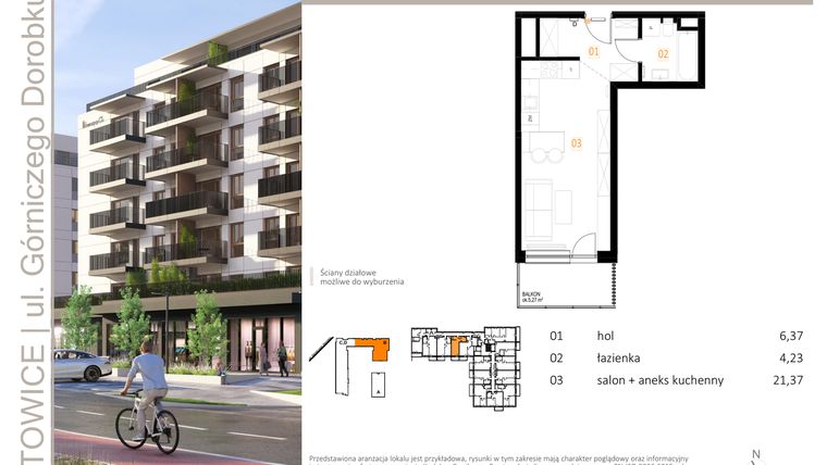 Rzut - Mieszkanie na sprzedaż 1 pokój o powierzchni 31,97 m² - numer B_30 w Zielony Nikiszowiec