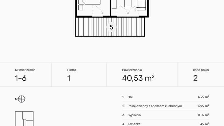 Rzut - Mieszkanie na sprzedaż 2 pokoje o powierzchni 40,53 m² - numer 1-6 w Pączka 1