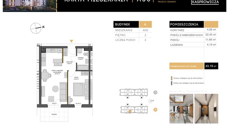 Rzut - Mieszkanie na sprzedaż 2 pokoje o powierzchni 43,19 m² - numer A.50 w Osiedle Kasprowicza