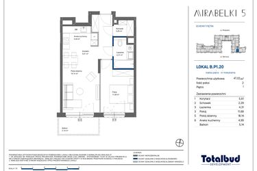 Rzut - Mieszkanie na sprzedaż 2 pokoje o powierzchni 47,29 m² - numer B.P1.20 w Mirabelki 5